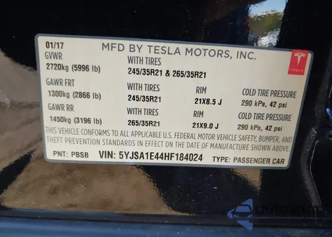 2017 Tesla Model S 100D/60D/75D/90D/P100D from USA, damaged, VIN 5YJSA1E44HF184024